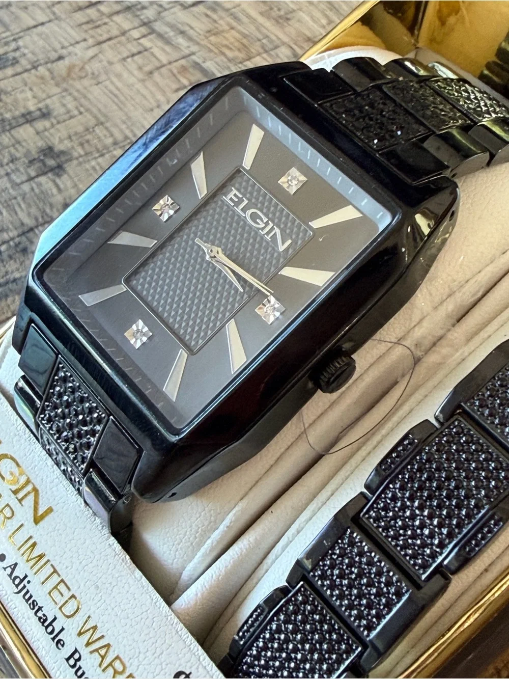 NEW! Elgin Black Crystal Watch 37mm + matching bracelet- NIB - 10 Year Warranty